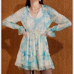 Hemant & Nandita Blue Floral Georgette Metallic Mini Dress XS Sheer *Read